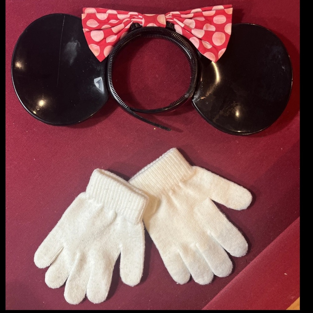 Vintage Disney Minnie Mouse Ears WHITE GLOVES SET Red Polka Dot Bow HEADBAND KID